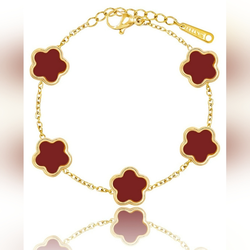 Gold and Red Flower Charm Bracelet